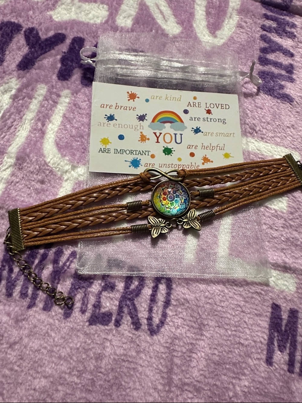 Brown Faux Leather Braided Bracelet with Mandela,  Butterfly & Infinity charms
